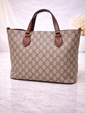 Authentic Gucci GG Canvas Tote Bag Brown Leather Trim Large Shopper Luxury